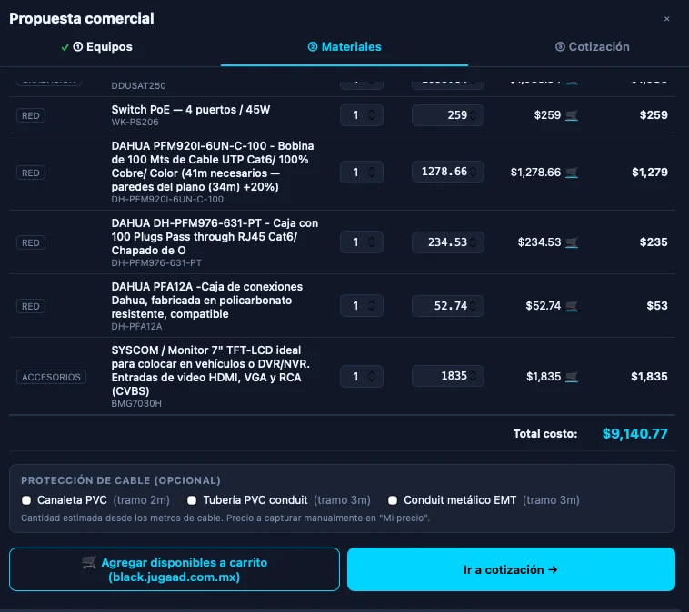 Propuesta comercial real del planner: lista de materiales con precios y existencias del catálogo, total de costo, y botón para agregar lo disponible directo al carrito de black.jugaad.com.mx